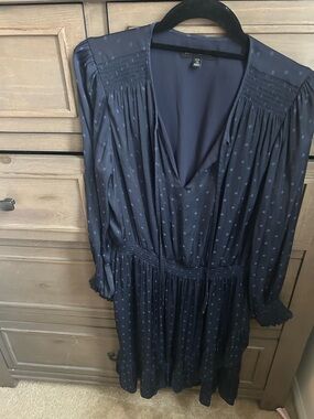 Banana Republic Navy Polka Dot V-Neck Long Sleeve Dress - Size 12